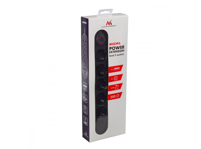 Listwa zasilająca MCE395 B 5 gniazd 3xUSB, 110-240V AC 50/60Hz, 2.1A max 2500W, czarna