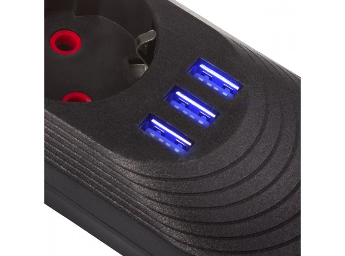 Listwa zasilająca MCE395 B 5 gniazd 3xUSB, 110-240V AC 50/60Hz, 2.1A max 2500W, czarna