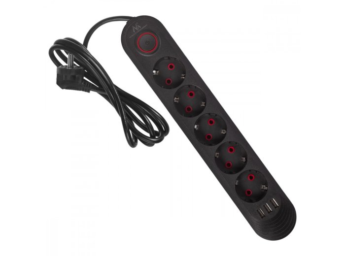 Listwa zasilająca MCE395 B 5 gniazd 3xUSB, 110-240V AC 50/60Hz, 2.1A max 2500W, czarna