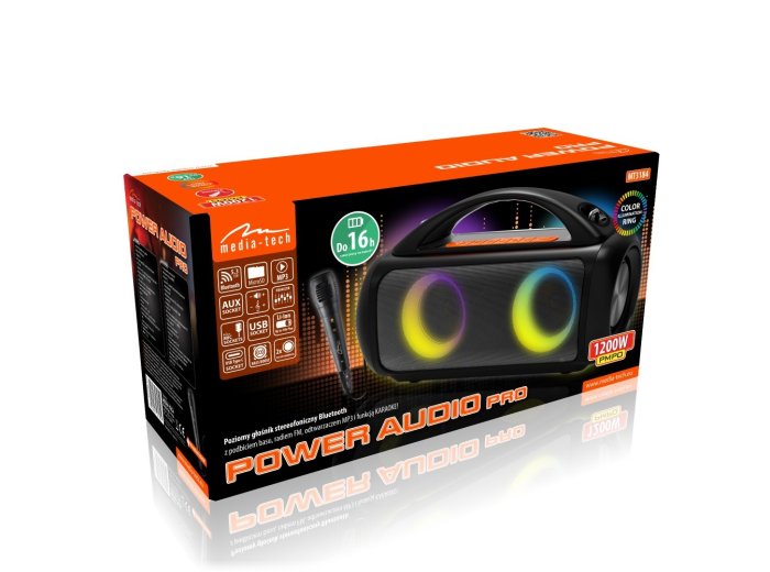 Głośnik POWER AUDIO PRO MT3184 Karaoke/Bluetooth 5.3/TWS/MP3/MicroSD/USB/Jack 6.3/AUX/Equalizer/USB-C/IPX5/RGB/16h/RMS 60W/PMPO 1200W