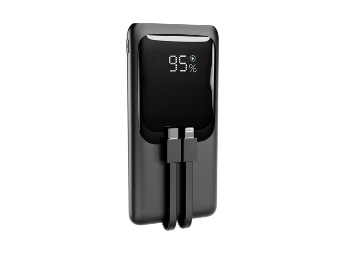 PowerBank 10000mAh ze zintegrowanymi kablami, LCD, QC3.0 20W, czarny