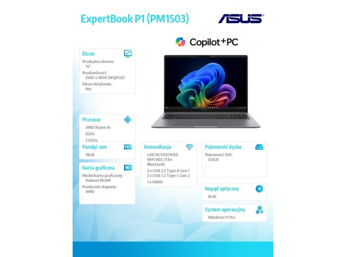 Laptop ExpertBook P3 PM3406CKA-NZ0142X -Ryzen Al 7 350/Radeon 860M/16GB/512GB/14 WQXGA/Win 11PRO/3YRS Copilot+PC