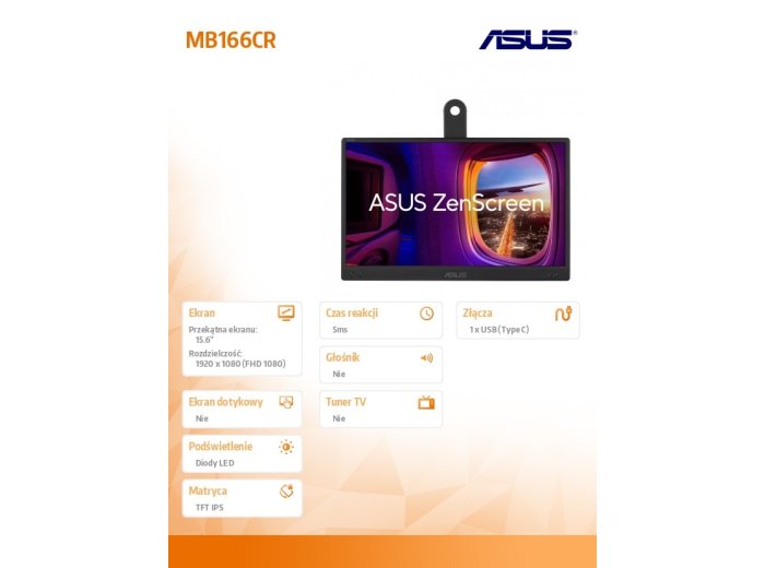 Monitor ZenScreen MB166CR IPS LED USB-C FHD