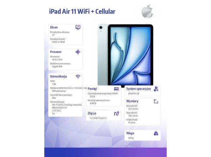 iPad Air 11 cali WiFi + Cellular 128GB Niebieski