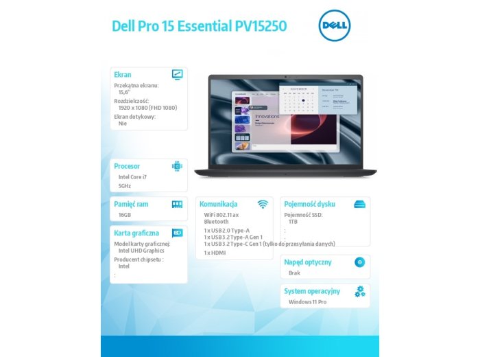 Laptop Dell Pro 15 Essential PV15250|i7-1355U|16GB|1TB SSD|Intel UHD|None|W11 Pro|WLAN + BT|15.6 FHD|Backlit Kb|4 Cell|65W/3YPS