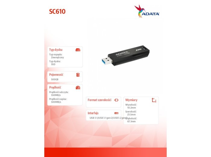 Dysk SSD zewnętrzny SC610 500GB USB3.2A Gen2 czarny