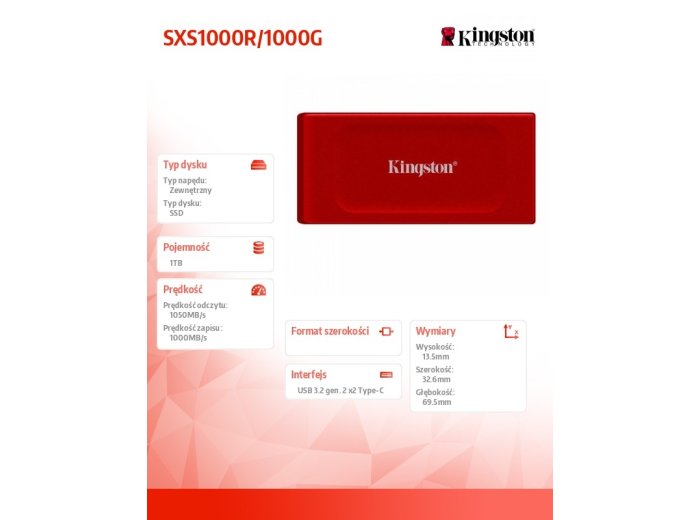 Dysk SSD XS1000R 1TB USB3.2 Gen2.2 Zewnętrzny Red