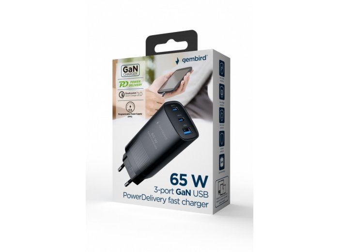 Ładowarka PowerDelivery 1xA 2xC GaN 65W Czarna