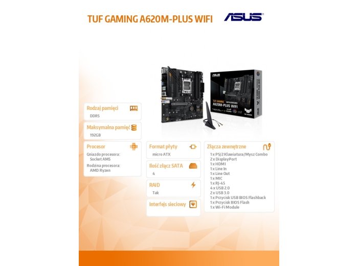 Płyta główna TUF GAMING A620M-PLUS WIFI AM5 4DDR5 HDMI/DP mATX
