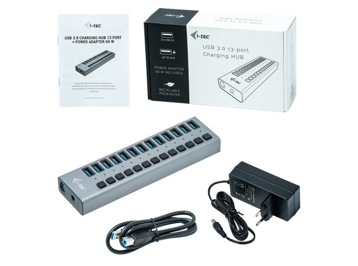 Hub USB3.0 z ładowaniem, 13 portów, zasilacz 60W