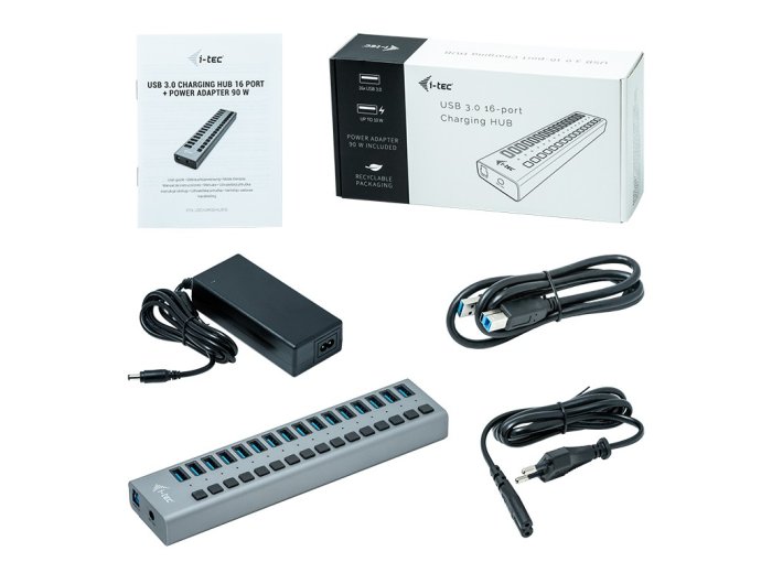 Hub USB3.0 z ładowaniem, 16 portów, 90W