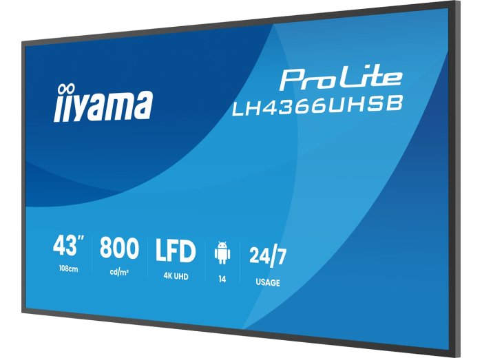 iiyama LH4366UHSB-B1AG signage display Płaski panel Digital Signage 109,2 cm (43") LCD Wi-Fi 800 cd/m2 4K Ultra HD Czarny Procesor wbudowany Android 24/7