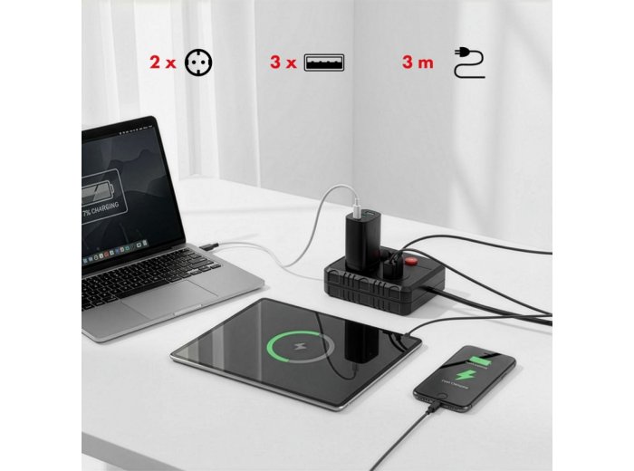 Listwa zasilająca MCE388 B 2 gniazda, 3xUSB, 110-240V AC 50/60Hz, 2.1A max 2500W, 3m czarna