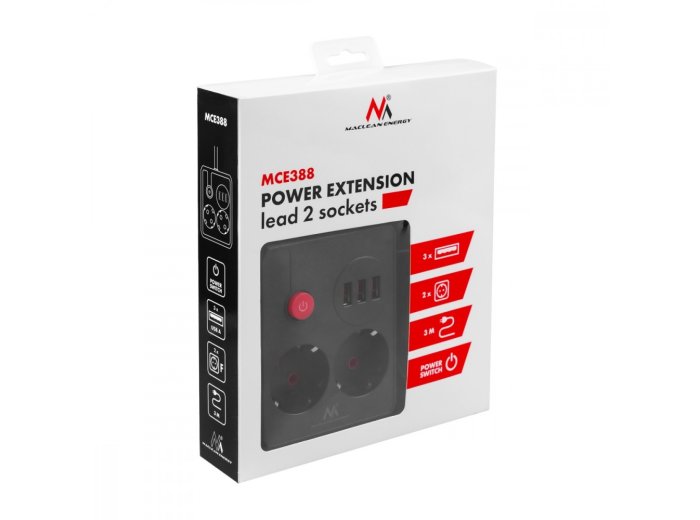 Listwa zasilająca MCE388 B 2 gniazda, 3xUSB, 110-240V AC 50/60Hz, 2.1A max 2500W, 3m czarna