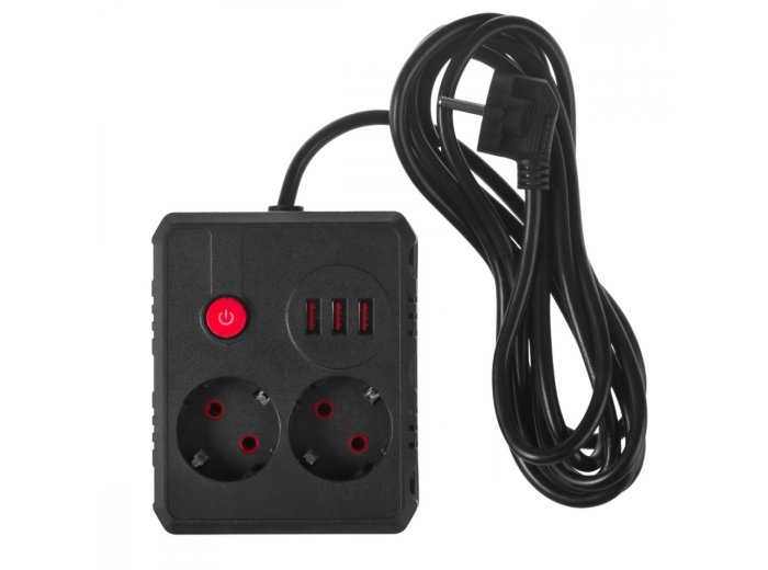 Listwa zasilająca MCE388 B 2 gniazda, 3xUSB, 110-240V AC 50/60Hz, 2.1A max 2500W, 3m czarna