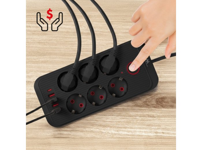 Listwa zasilająca MCE391 B 6 gniazd 4xUSB-A 1xUSB-C, 110-240V AC 50/60Hz, 2.1A max 2500W, czarna