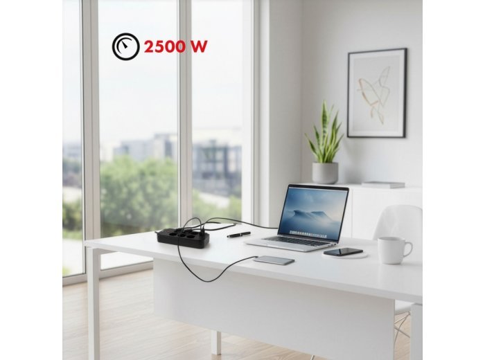 Listwa zasilająca MCE391 B 6 gniazd 4xUSB-A 1xUSB-C, 110-240V AC 50/60Hz, 2.1A max 2500W, czarna