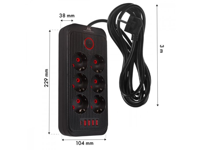 Listwa zasilająca MCE391 B 6 gniazd 4xUSB-A 1xUSB-C, 110-240V AC 50/60Hz, 2.1A max 2500W, czarna