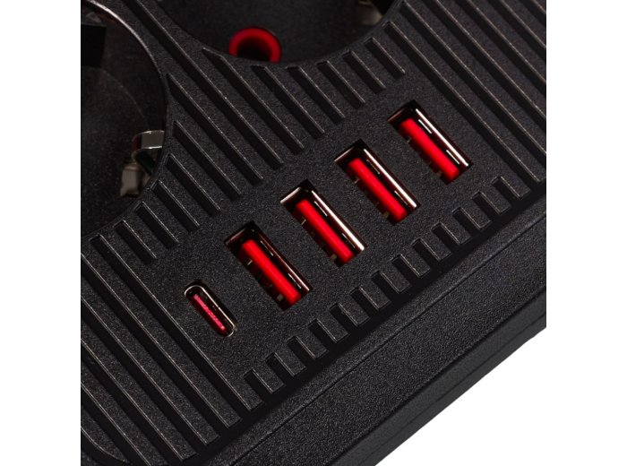 Listwa zasilająca MCE391 B 6 gniazd 4xUSB-A 1xUSB-C, 110-240V AC 50/60Hz, 2.1A max 2500W, czarna