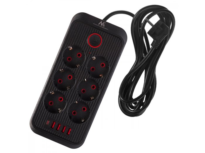 Listwa zasilająca MCE391 B 6 gniazd 4xUSB-A 1xUSB-C, 110-240V AC 50/60Hz, 2.1A max 2500W, czarna