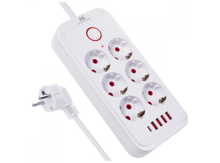 Listwa zasilająca MCE391 W 6 gniazd 4xUSB-A 1xUSB-C 110-240V AC 50/60Hz, 2.1A max 2500W, biała
