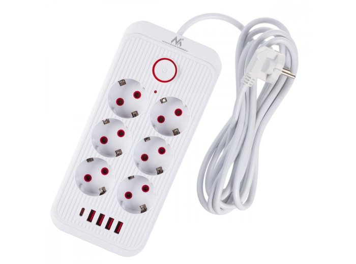 Listwa zasilająca MCE391 W 6 gniazd 4xUSB-A 1xUSB-C 110-240V AC 50/60Hz, 2.1A max 2500W, biała