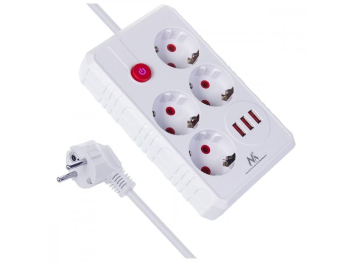 Listwa zasilająca MCE392 W 4 gniazda 3xUSB, 110-240V AC 50/60Hz, 2.1A max 2500W 1,5m biała