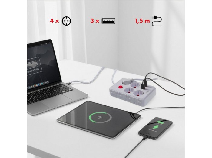 Listwa zasilająca MCE392 W 4 gniazda 3xUSB, 110-240V AC 50/60Hz, 2.1A max 2500W 1,5m biała