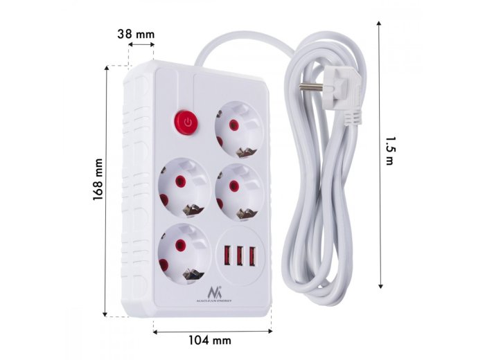 Listwa zasilająca MCE392 W 4 gniazda 3xUSB, 110-240V AC 50/60Hz, 2.1A max 2500W 1,5m biała
