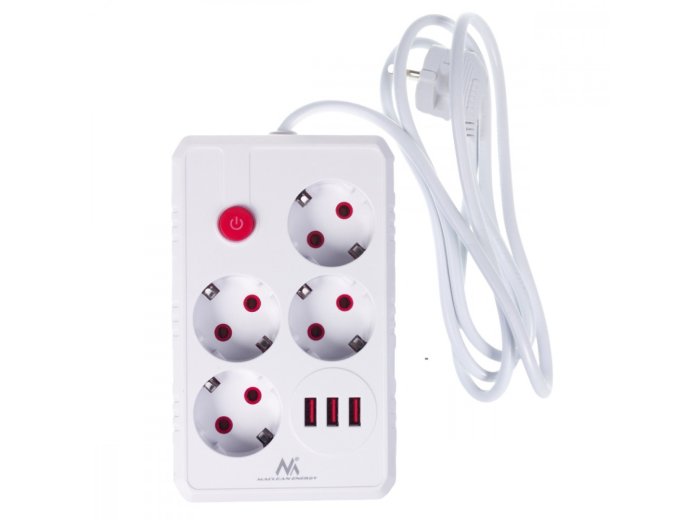 Listwa zasilająca MCE392 W 4 gniazda 3xUSB, 110-240V AC 50/60Hz, 2.1A max 2500W 1,5m biała