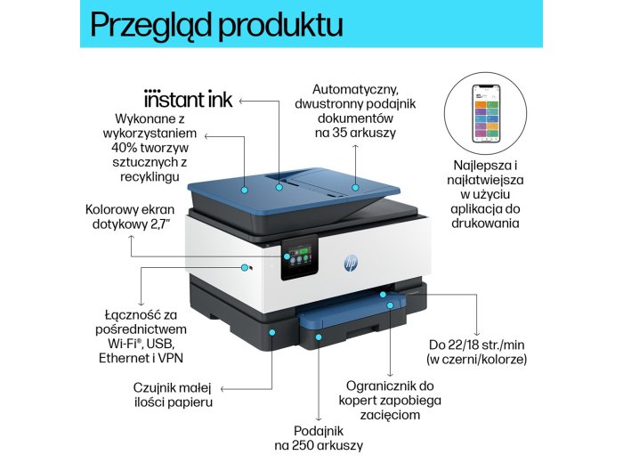 HP OfficeJet Pro Produkt 9125e Bezprzewodowe All-in-One W kolorze Drukarka, Instant Ink; Drukowanie dwustronne