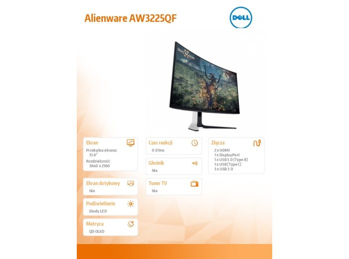 Monitor AW3225QF 31.6 cala Curved NVIDIA G-Sync Compatible 240Hz OLED  4K (3840x2160)/16:9/2xHDMI/5xUSB 3.2/3Y AES&PPE