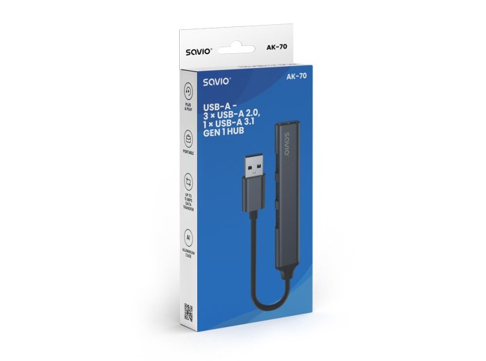 Hub 4 porty USB-A - 3 x USB-A 2.0, 1 x USB-A 3.0, 5 Gbps, Aluminium, AK-70