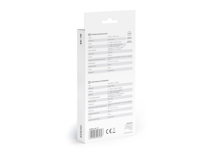 Hub 4 porty USB-A - 3 x USB-A 2.0, 1 x USB-A 3.0, 5 Gbps, Aluminium, AK-70