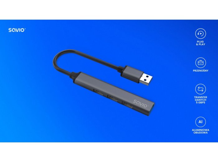 Hub 4 porty USB-A - 3 x USB-A 2.0, 1 x USB-A 3.0, 5 Gbps, Aluminium, AK-70