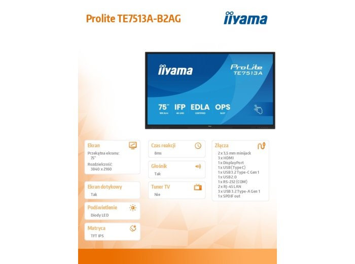 Monitor interaktywny 75 cali TE7513A-B2AG INFRARED,40pkt,IPS,4K,7H,500cd/m2, WiFi,USB, ANDROID 14, Google EDLA,2x20W, UCHWYT ŚCIENNY