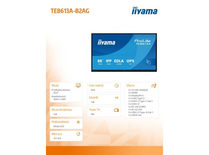 Monitor interaktywny 86 cali TE8613A-B2AG INFRARED,40pkt,IPS,4K,7H,500cd/m2,      WiFi,USB, ANDROID 14, Google EDLA,2x20W, UCHWYT ŚCIENNY