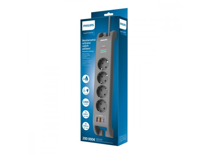 Listwa antyprzepięciowa 2m, 4 gniazda, 1xUSB-C, 2xUSB-A,PD 20W / QC 18W, 2400 J ochrony przeciwprzepięciowej