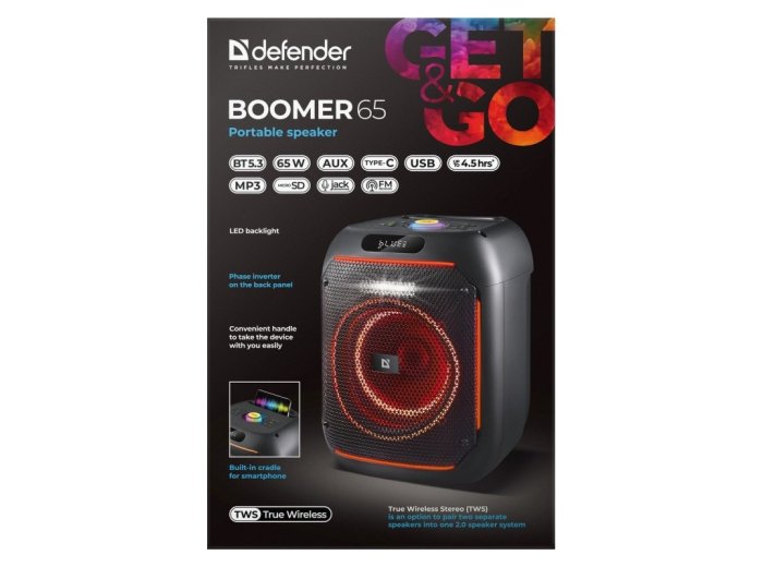 Głośnik bluetooth BOOMER 65W czarny podświetlenie LED