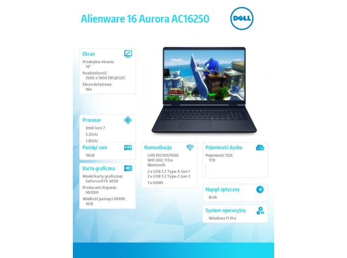 Laptop Alienware 16 Aurora AC16250 Win11Pro C7 240H/16GB/1TB/16.0 WQXGA/GeForce RTX 4050/WLAN + BT/Backlit Kb/6 Cell/3Y Basic Onsite