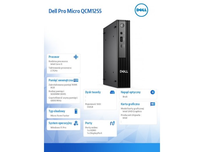 Komputer Dell Pro Micro QCM1250 W11Pro i3-14100T/8GB/512GB SSD CL25/Integrated/WLAN + BT/Kb/Mouse/3YPS