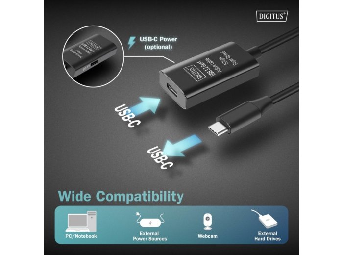 Kabel przedłużający aktywny USB-C - USB-C, USB 3.2 Gen1, 5Gbps, 5m