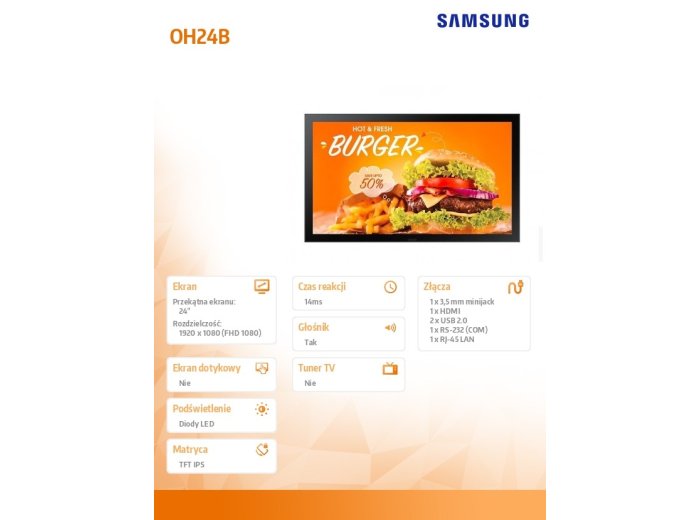 Monitor profesjonalny OH24B 24 cale matowa 24h/7 1500cd/m2 S10 Player (Tizen 6.5) 3 lata d2d (LH24OHBEBGBXEN)