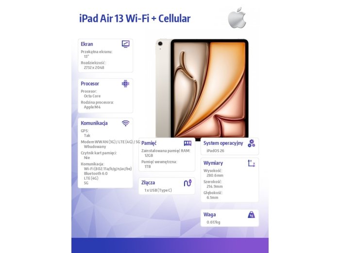 iPad Air 13 cali Wi-Fi + Cellular 1TB Księżycowa poświata