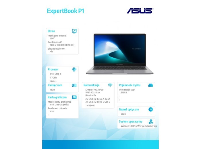Laptop ExpertBook P1 P1503CVA-S72681XA Core 3 100U/16GB/512GB/W11Pro