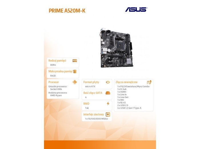 Płyta główna PRIME A520M-K AM4 DDR4 DSUB/HDMI mATX