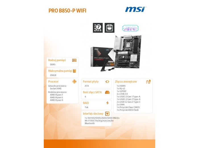 Płyta główna PRO B850-P WIFI AM5 4DD R5 ATX