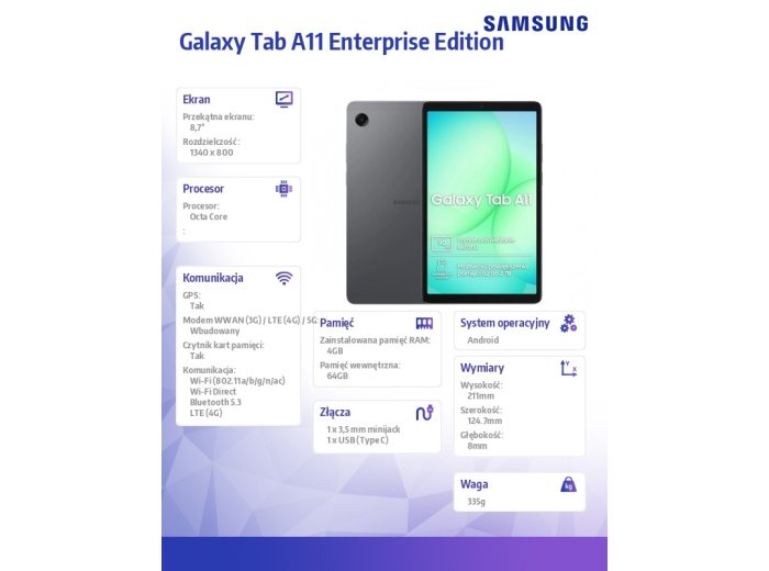 Tablet Galaxy Tab A11 X135 4G 8.7 cala 4/64 GB Szary Enterprise Edition