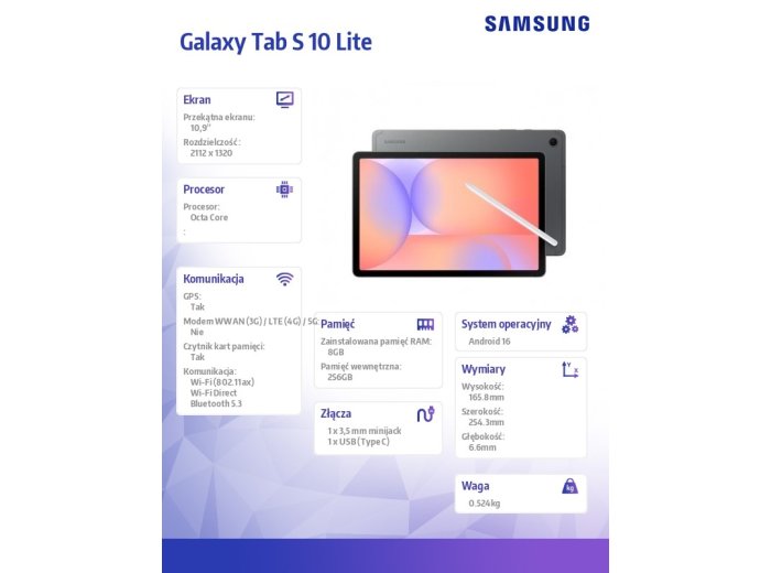 Tablet Galaxy Tab S10 Lite X400 10.9 cala Wifi 8/256GB szary