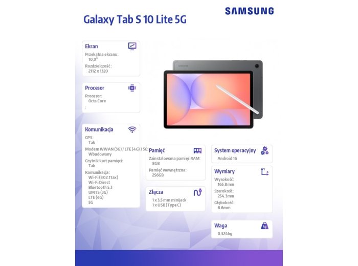 Tablet Galaxy Tab S10 Lite X406 10.9 cala 5G 8/256GB szary